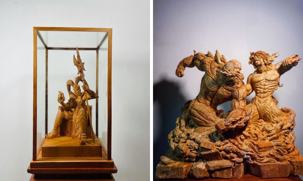 Sản phẩm trưng bày ở nghệ nhân Tự điêu khắc ở Quà Lưu Niệm ở Làng mộc Kim Bồng (Kim Bong Carpentry Village, Hoi An)