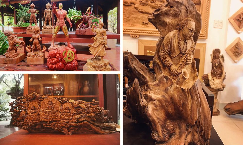 Sản phẩm trưng bày ở nghệ nhân Tự điêu khắc ở Quà Lưu Niệm ở Làng mộc Kim Bồng (Kim Bong Carpentry Village, Hoi An)