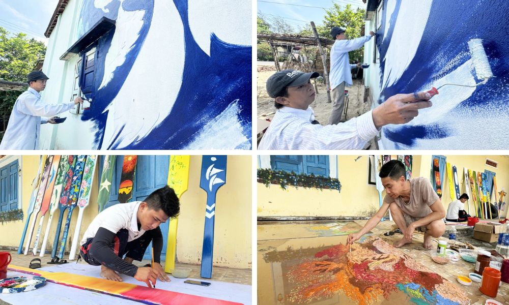 Các họa sĩ đang vẽ tranh tường ở Làng Bích Họa Tam Thanh (Artists are painting murals in Tam Thanh Mural Village)